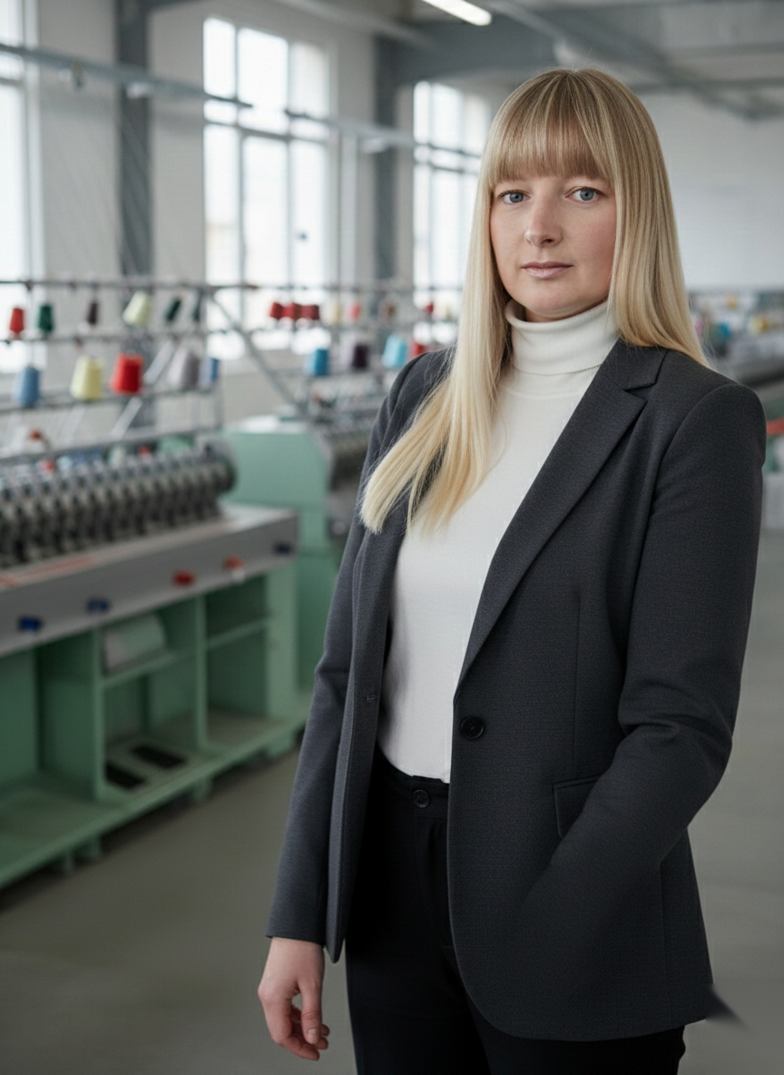 Laia Calvet, fundadora de PUNTDEGIR, en una planta industrial tèxtil